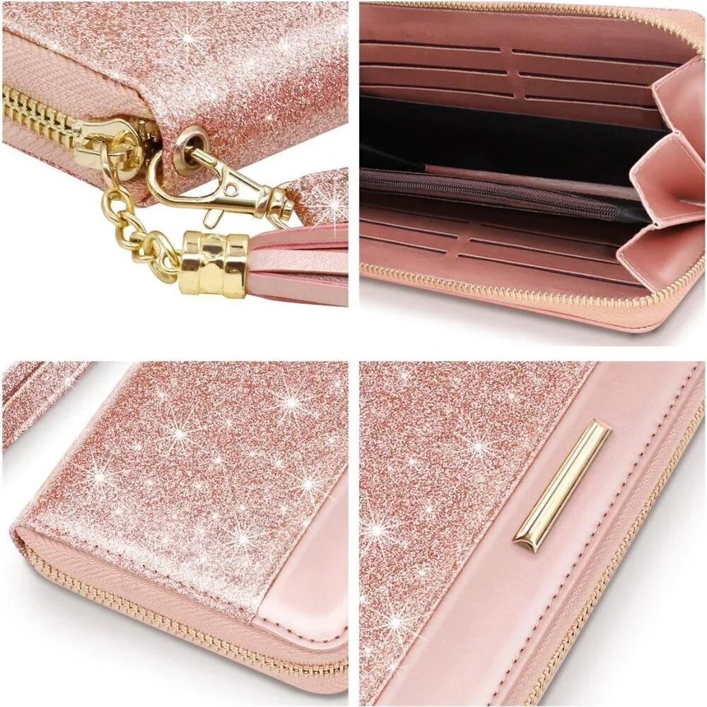 Women Wallet PU Leather Glitter Card Holder Organizer Clutch with Tassel